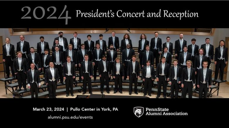 Musicians standing on a stage with the text "2024 President's Concert and Reception, March 23, 2024, Pullo Center in York, PA" and the Alumni Association mark and URL.
