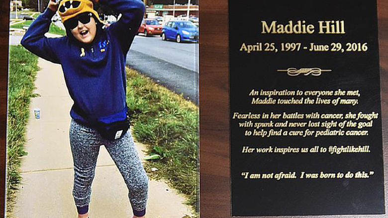 Plaque with the name and photo of the late Maddie Hill