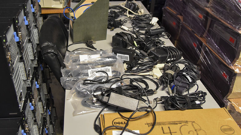 Wires and other electronic components spread out on tables