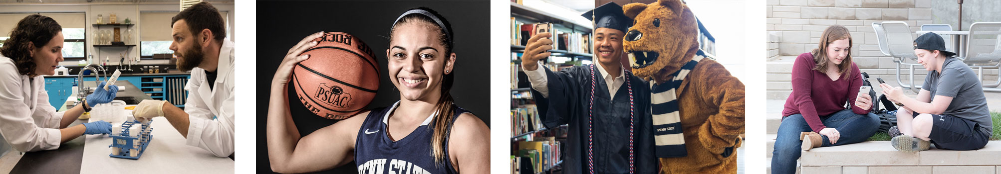 Four photos of students interacting with a professor, posing with a basketball, taking a selfie with the lion at graduation, and hanging out in the plaza.