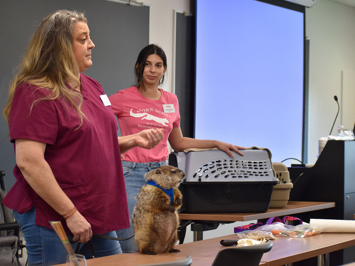 Representatives from Acorn Acres Wildlife Rehab visiting campus to introduce their furry friends to the Biology Club.