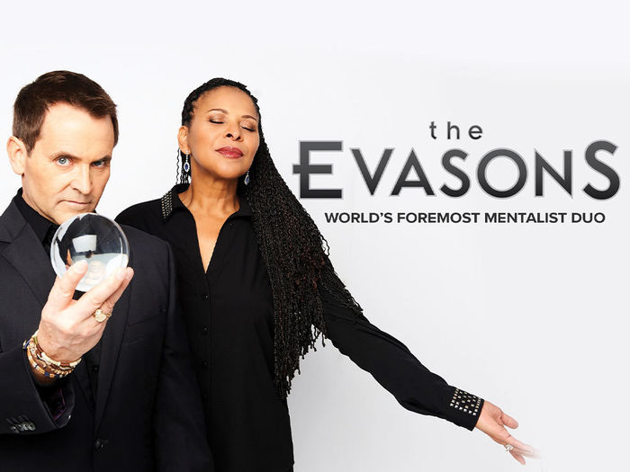 A man holds a crystal ball and a woman stands behind him. "The Evasons, world's foremost mentalist duo," is written beside them.