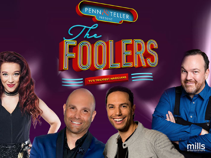 Three men and a woman along with the words Penn and Teller present The Follers