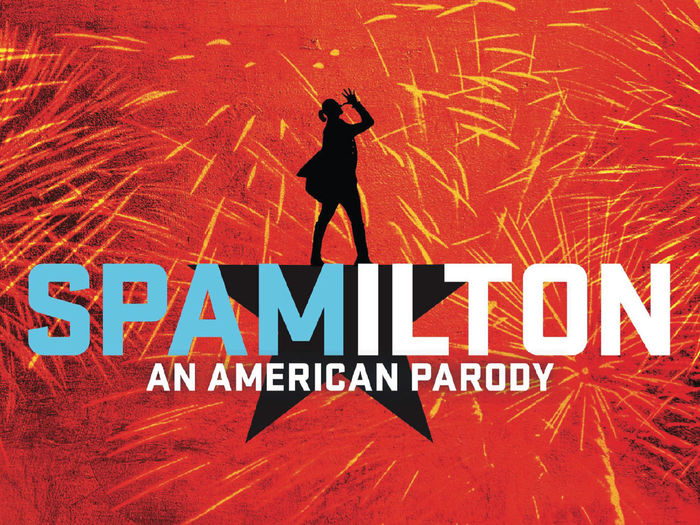 Shadow figure standing atop the words Spamilton an American Comedy