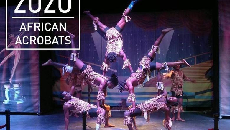 African dance group performing on stage and the words ZUZU African Acrobats on the image
