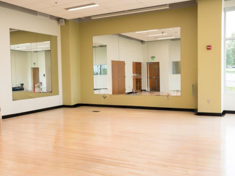 Empty room with mirrors on the walls and wooden dance floor